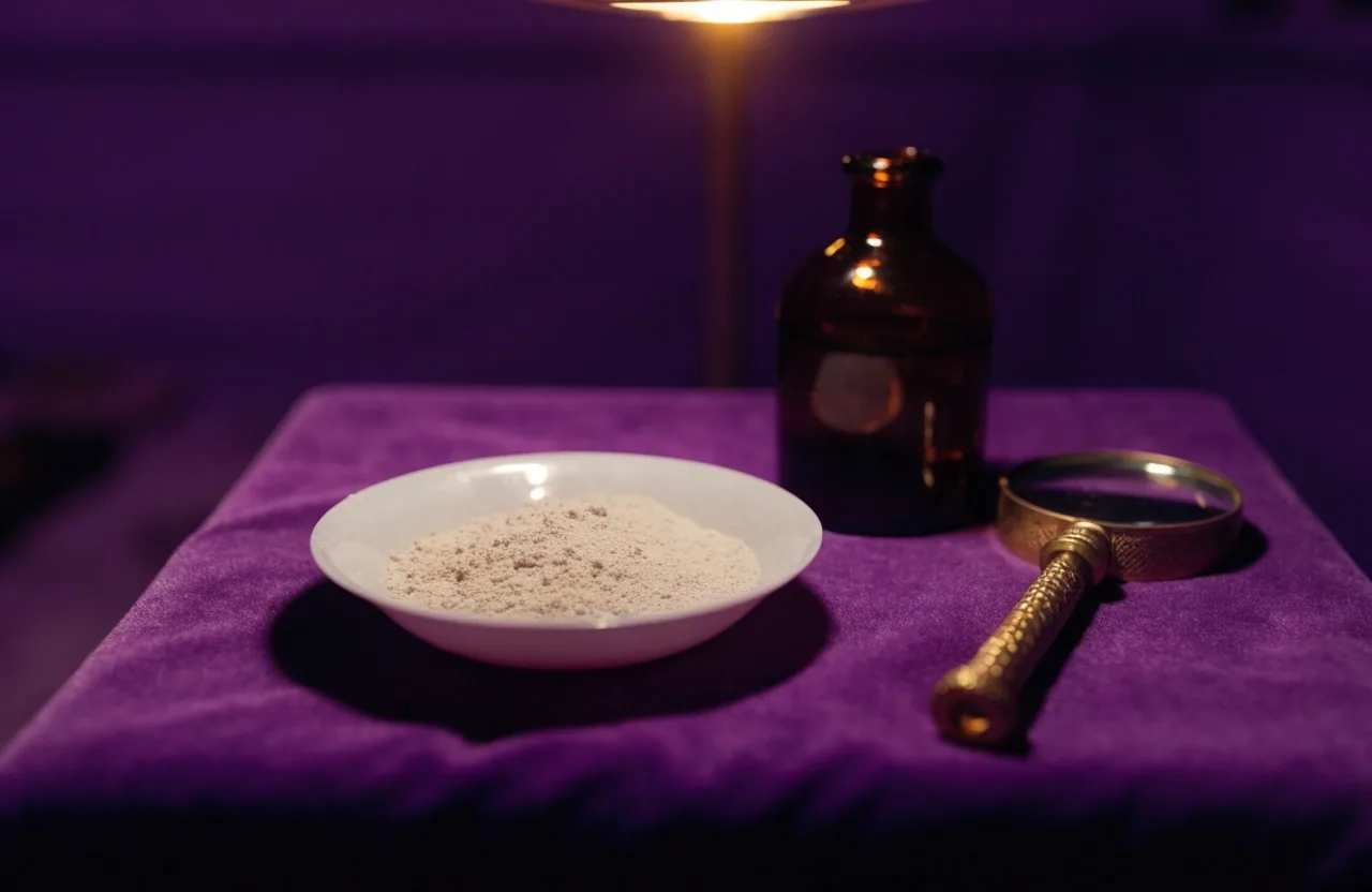 Lupe, flache Schale mit feinem Pulver und kleines braunes Glasfläschchen auf violettem Tuch